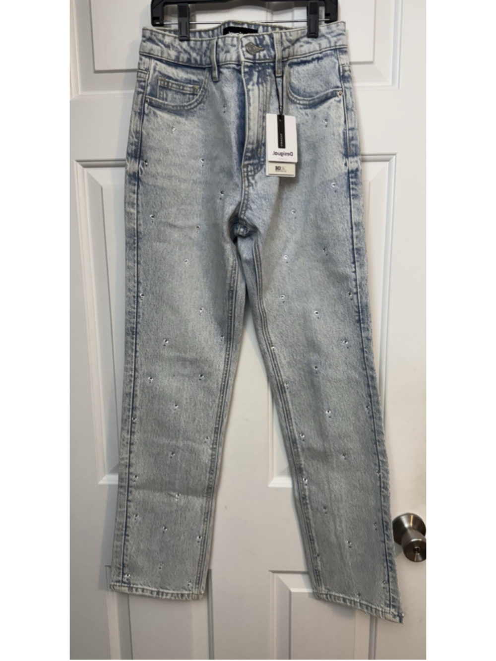 Desigual Women's Blue Straight Leg Jeans Sz 28 Rhinestone Denim $159 retail NWT